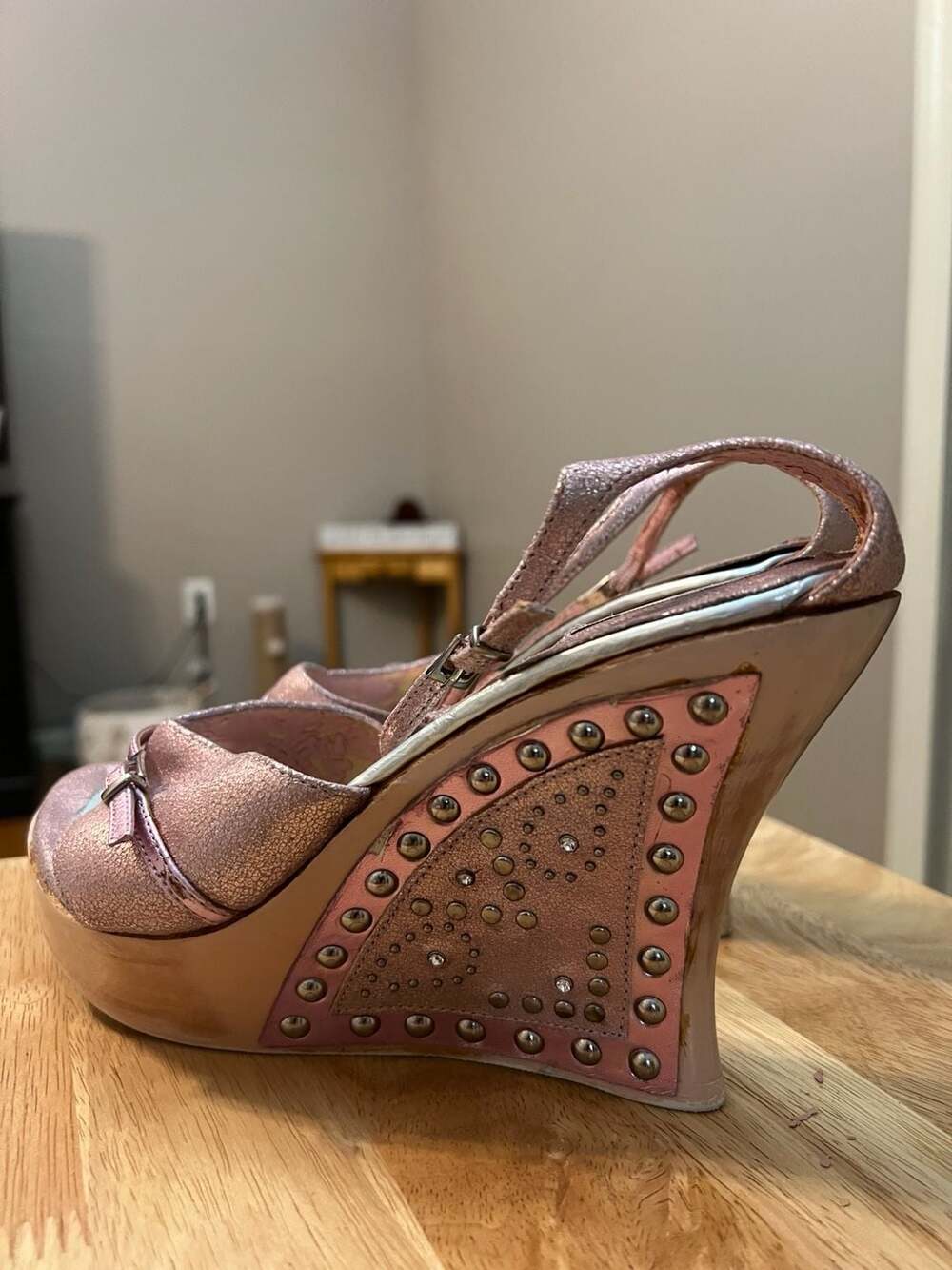 Y2K Steve Madden Pink Metallic Studded Wedge Heels - Picture 9 of 14